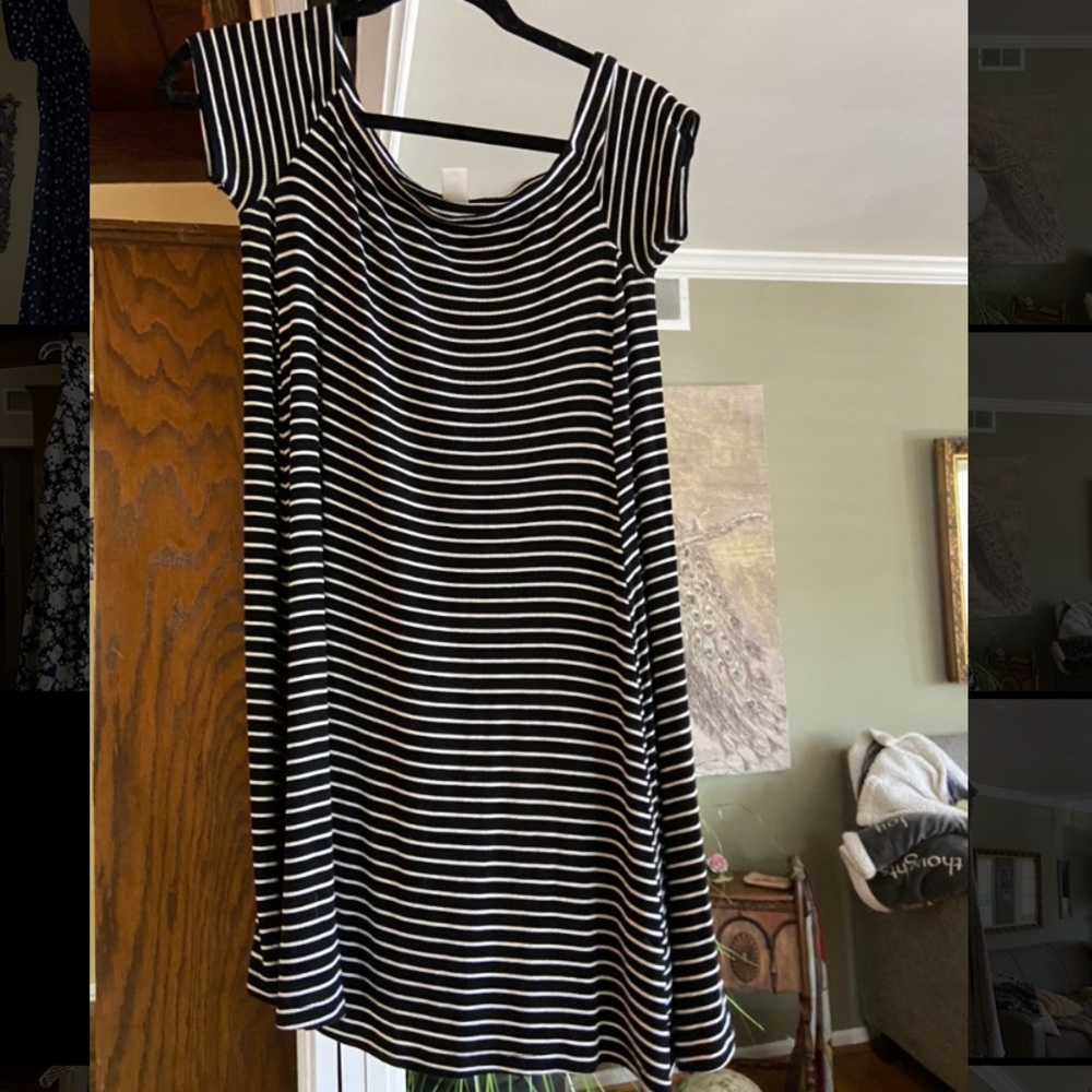 Black and white striped, off the shoulder dress